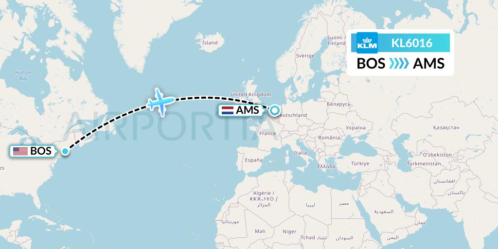 KL6016 KLM Flight Map: Boston to Amsterdam