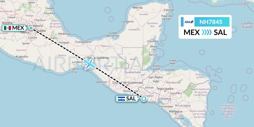 NH7845 All Nippon Airways Flight Map: Mexico City to San Salvador