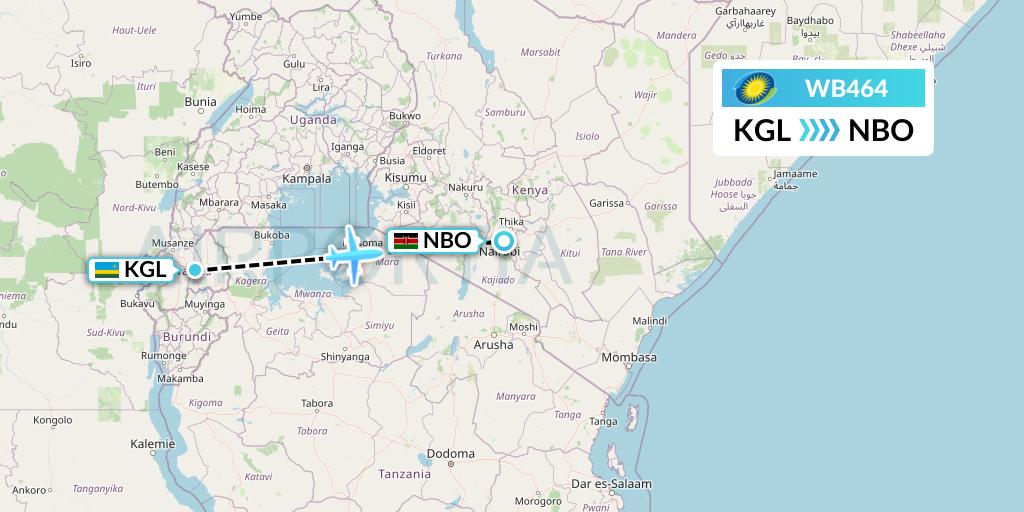 WB464 RwandAir Flight Map: Kigali to Nairobi
