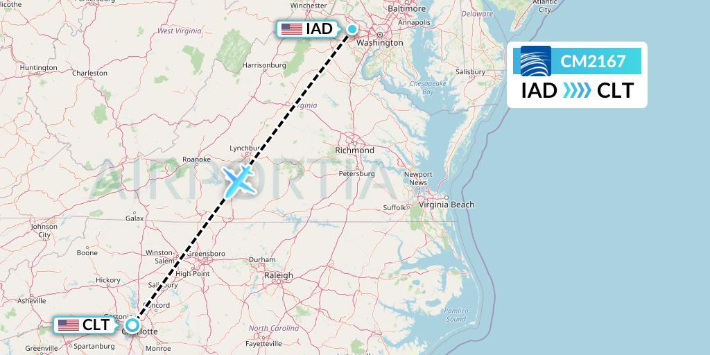 CM2167 Copa Airlines Flight Map: Washington to Charlotte