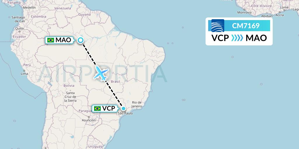 CM7169 Copa Airlines Flight Map: Campinas to Manaus