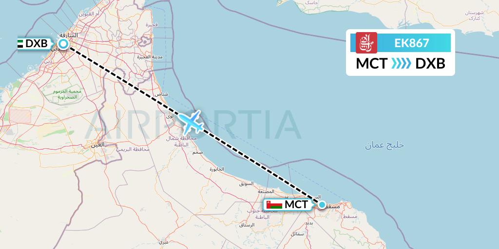 EK867 Emirates Flight Map: Muscat to Dubai