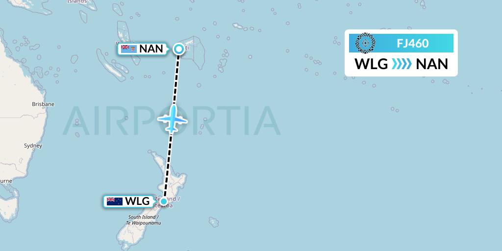 FJ460 Fiji Airways Flight Map: Wellington to Nadi