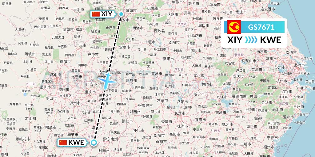 GS7671 Tianjin Airlines Flight Map: Xi'an to Guiyang