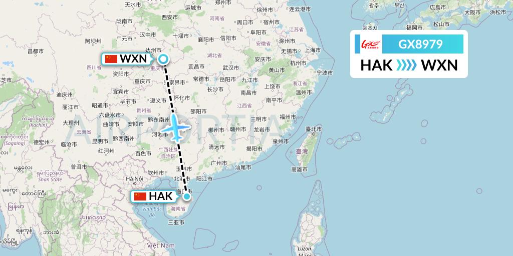 GX8979 GX Airlines Flight Map: Haikou to Wanzhou
