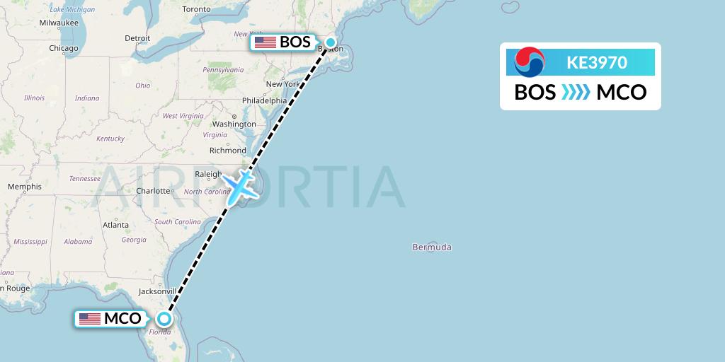 KE3970 Korean Air Flight Map: Boston to Orlando