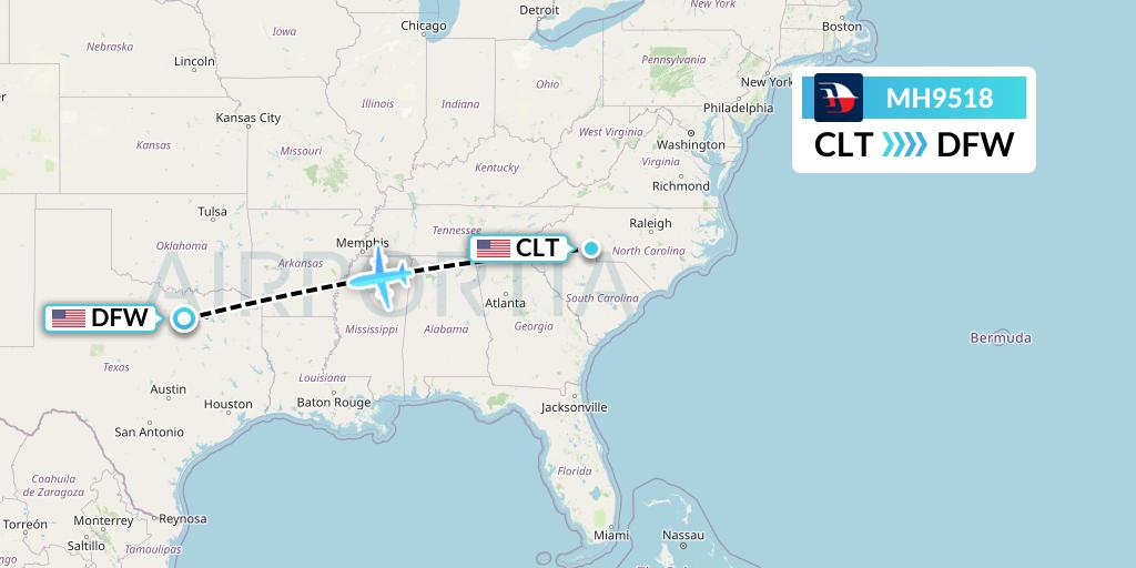 MH9518 Malaysia Airlines Flight Map: Charlotte to Dallas