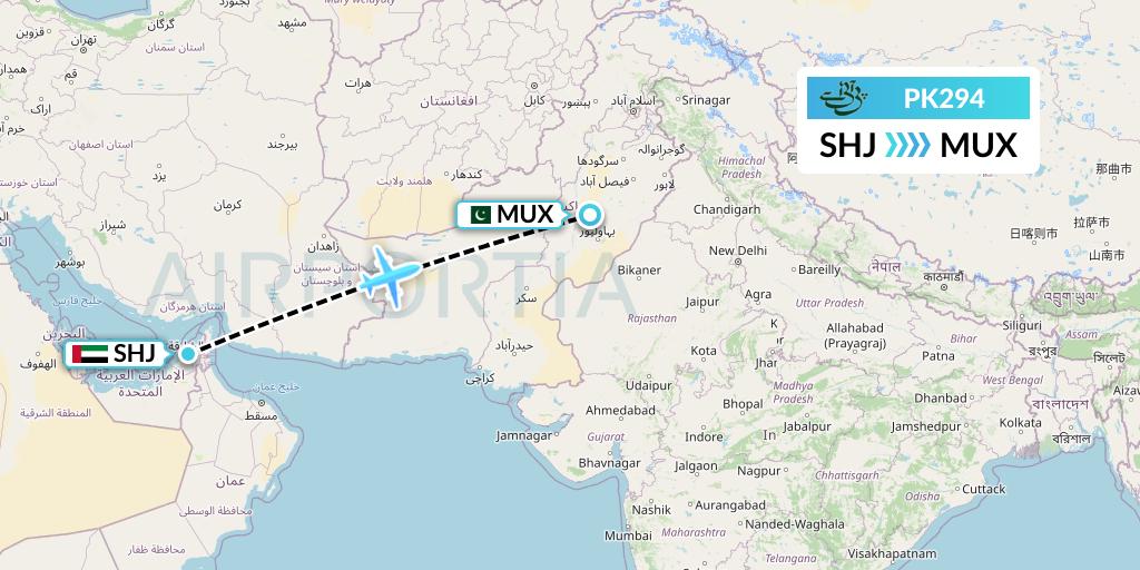 PK294 Pakistan International Airlines Flight Map: Sharjah to Multan