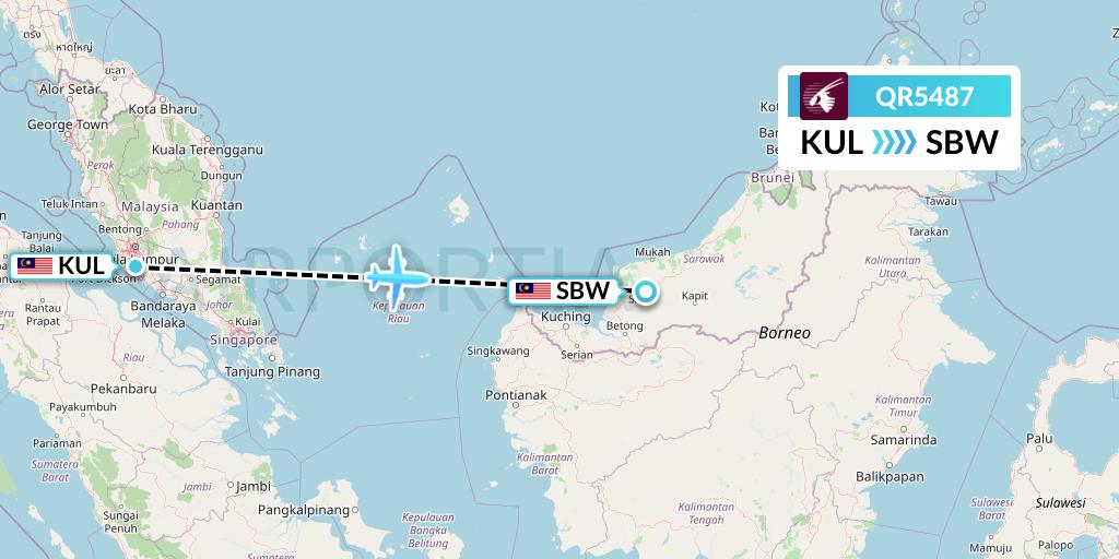 QR5487 Qatar Airways Flight Map: Kuala Lumpur to Sibu