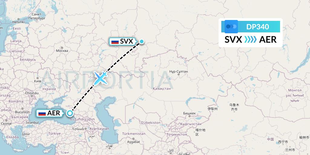 DP340 Pobeda Flight Map: Yekaterinburg to Sochi
