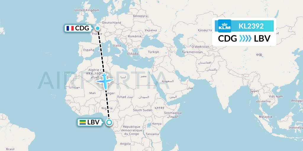 KL2392 KLM Flight Map: Paris to Libreville