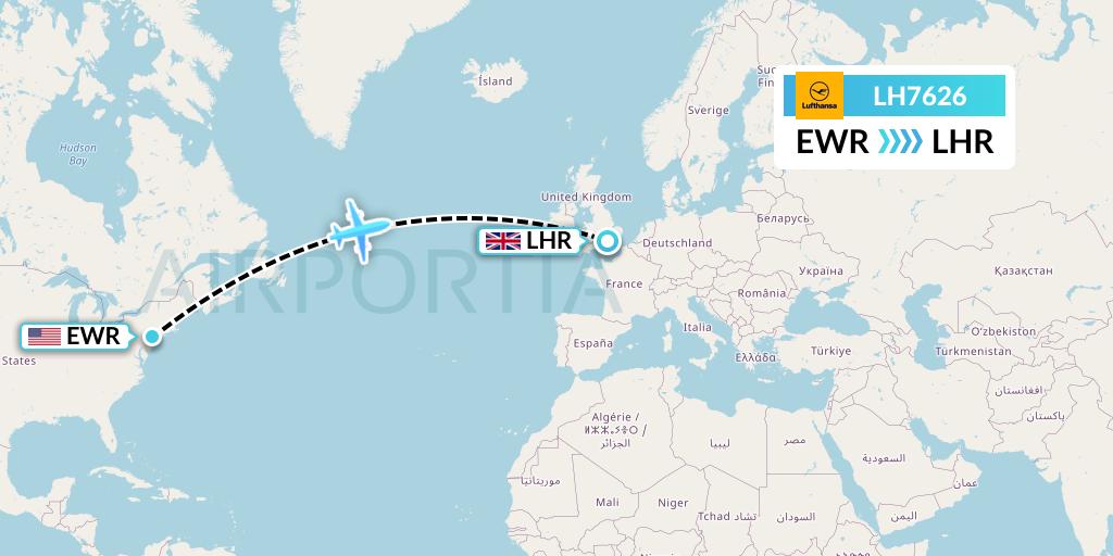 LH7626 Lufthansa Flight Map: New York to London