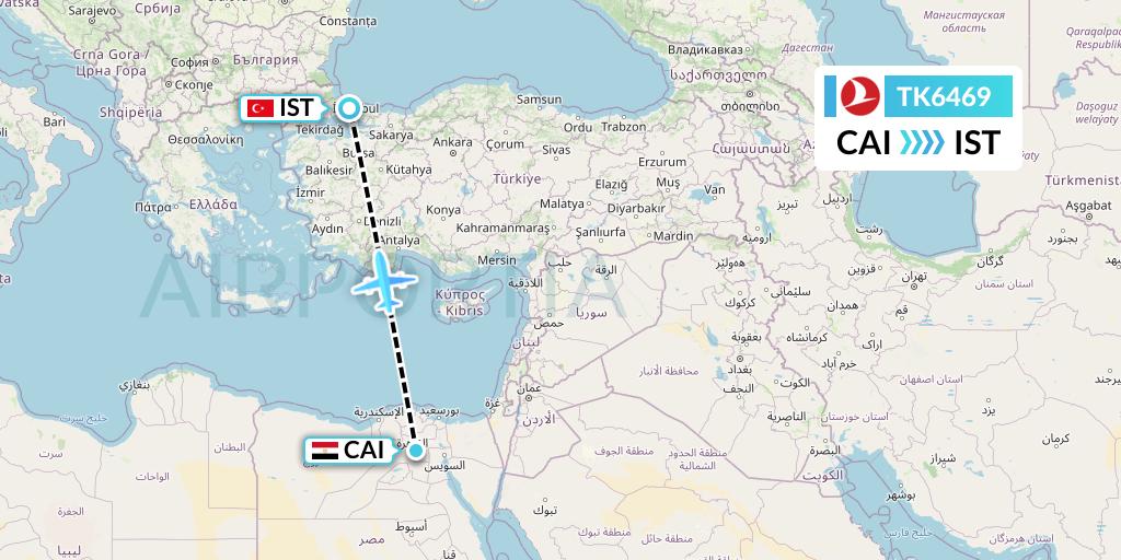 TK6469 Turkish Airlines Flight Map: Cairo to Istanbul