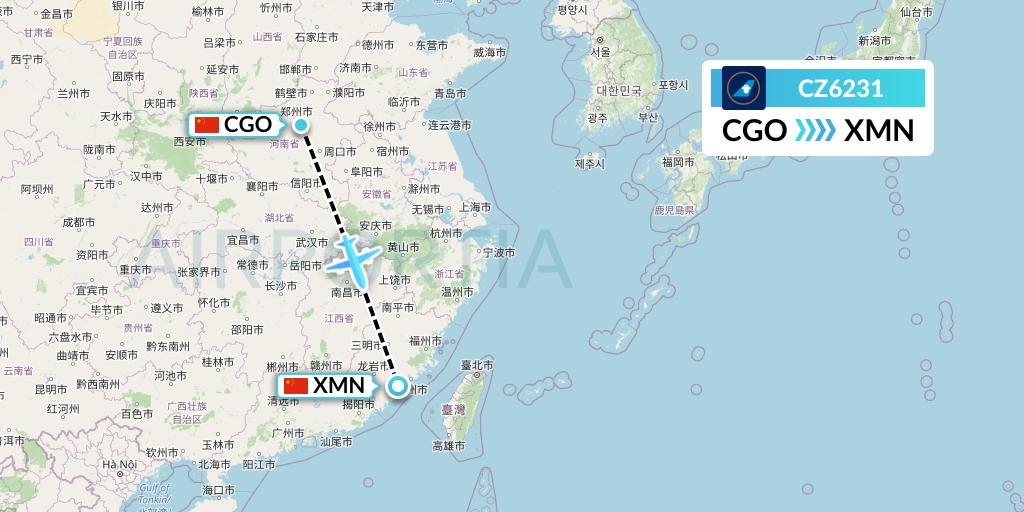 CZ6231 China Southern Airlines Flight Map: Zhengzhou to Xiamen