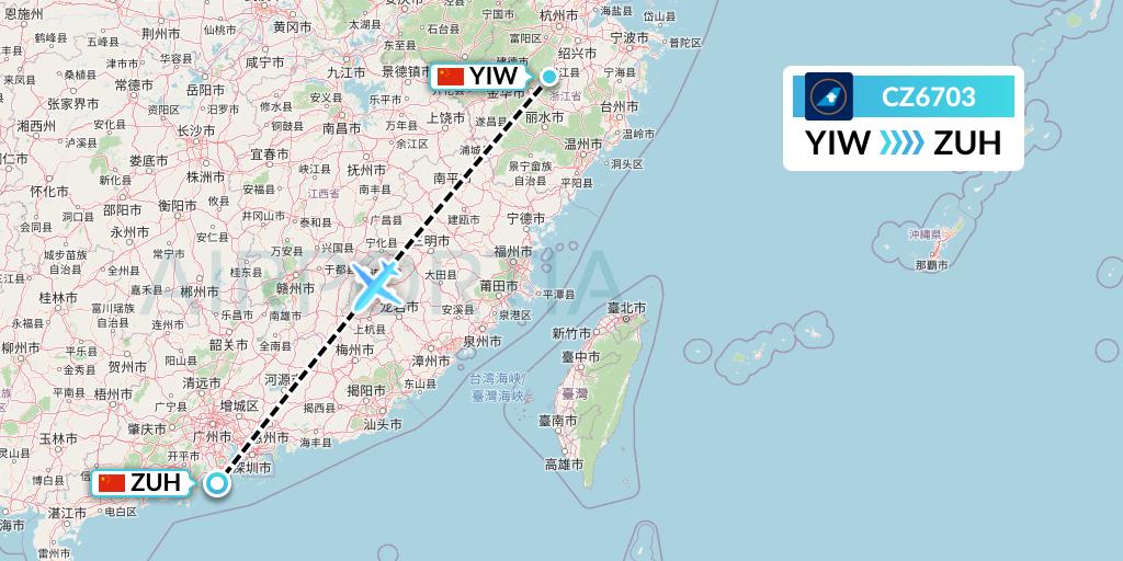CZ6703 China Southern Airlines Flight Map: Yiwu to Zhuhai