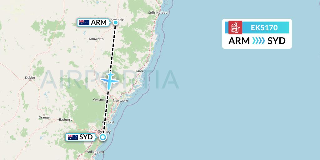 EK5170 Emirates Flight Map: Armidale to Sydney