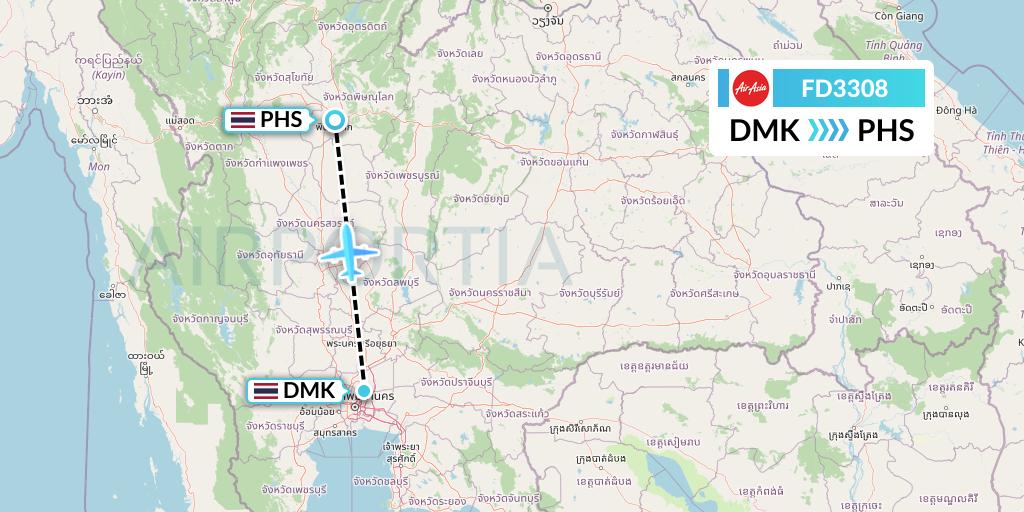 FD3308 Thai AirAsia Flight Map: Bangkok to Phitsanulok