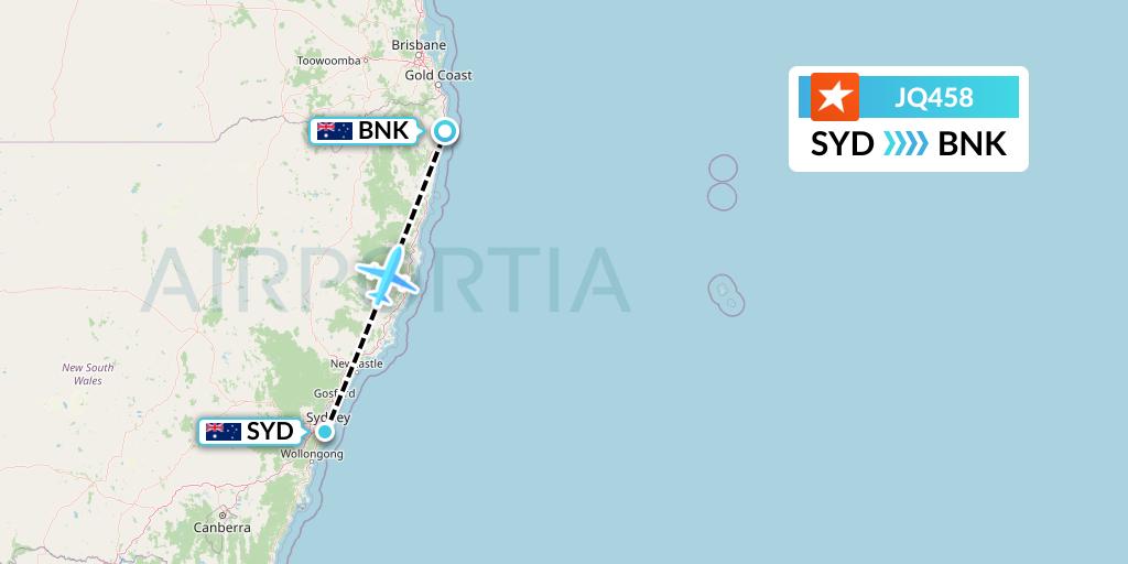 JQ458 Jetstar Airways Flight Map: Sydney to Ballina