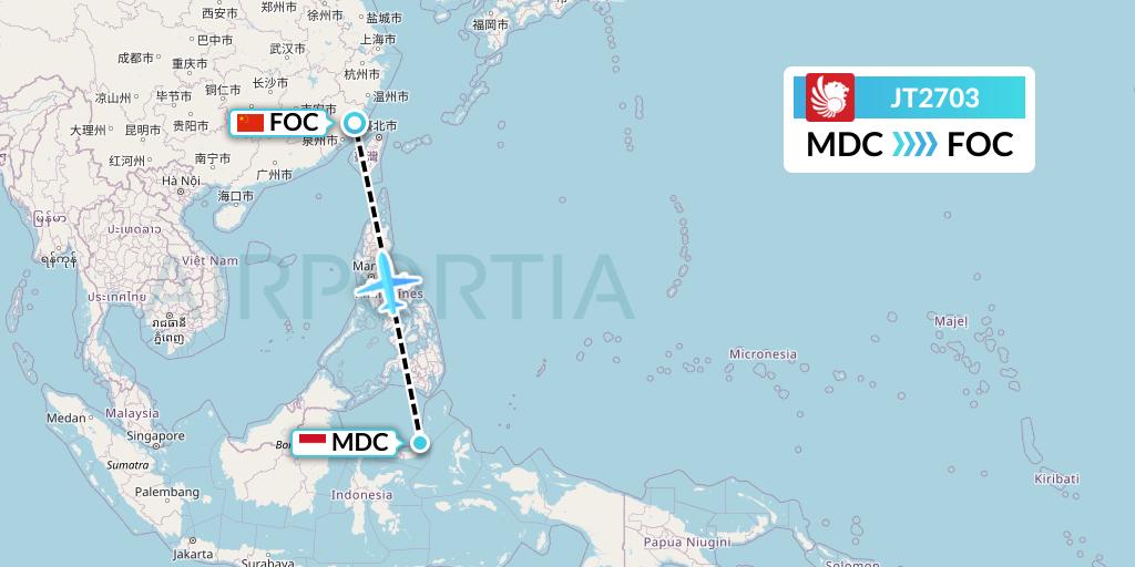 JT2703 Lion Airlines Flight Map: Manado to Fuzhou