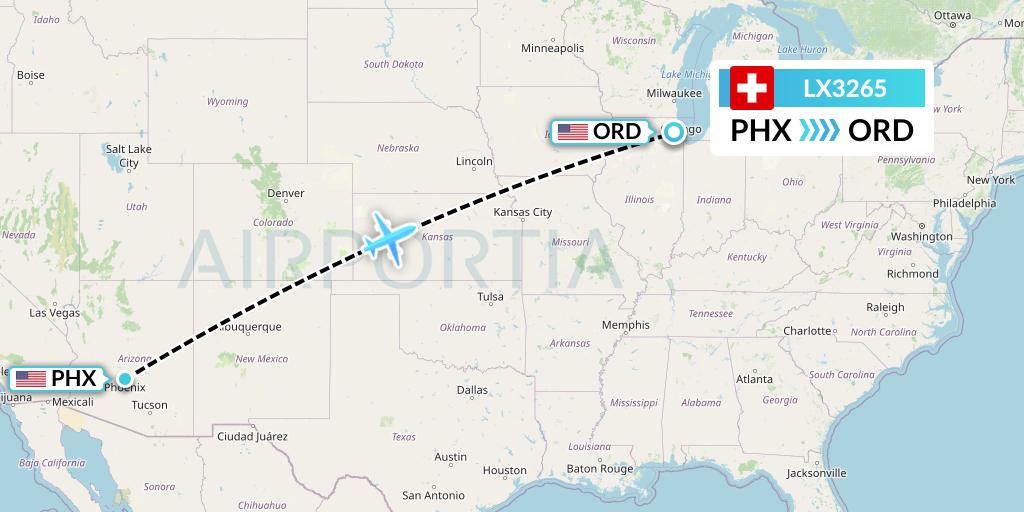 LX3265 Swiss Flight Map: Phoenix to Chicago