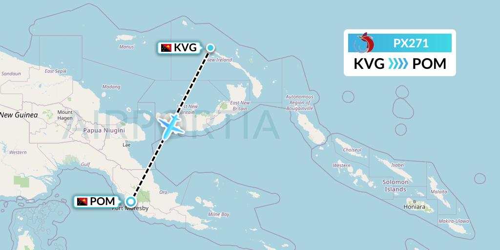 PX271 Air Niugini Flight Map: Kavieng to Port Moresby