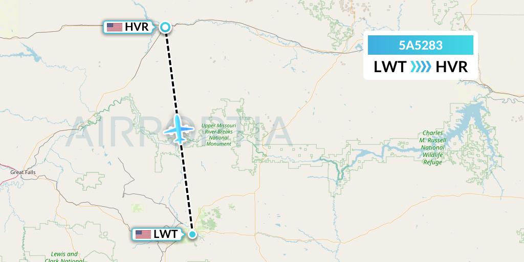 5A5283 Alpine Air Express Flight Map: Lewistown to Havre