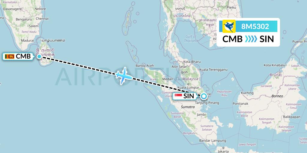 8M5302 Myanmar Airways International Flight Map: Colombo to Singapore