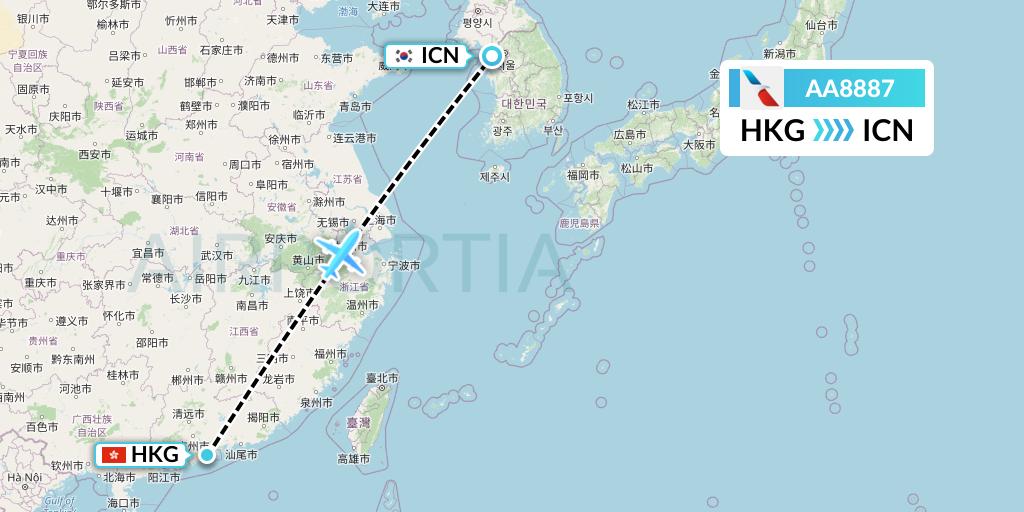AA8887 American Airlines Flight Map: Hong Kong to Seoul