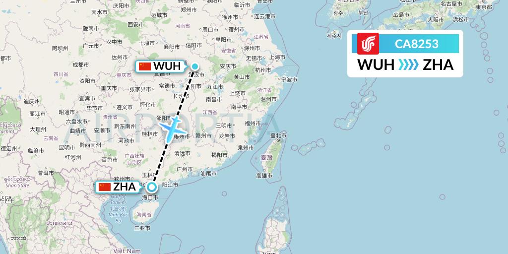 CA8253 Air China Flight Map: Wuhan to Zhanjiang
