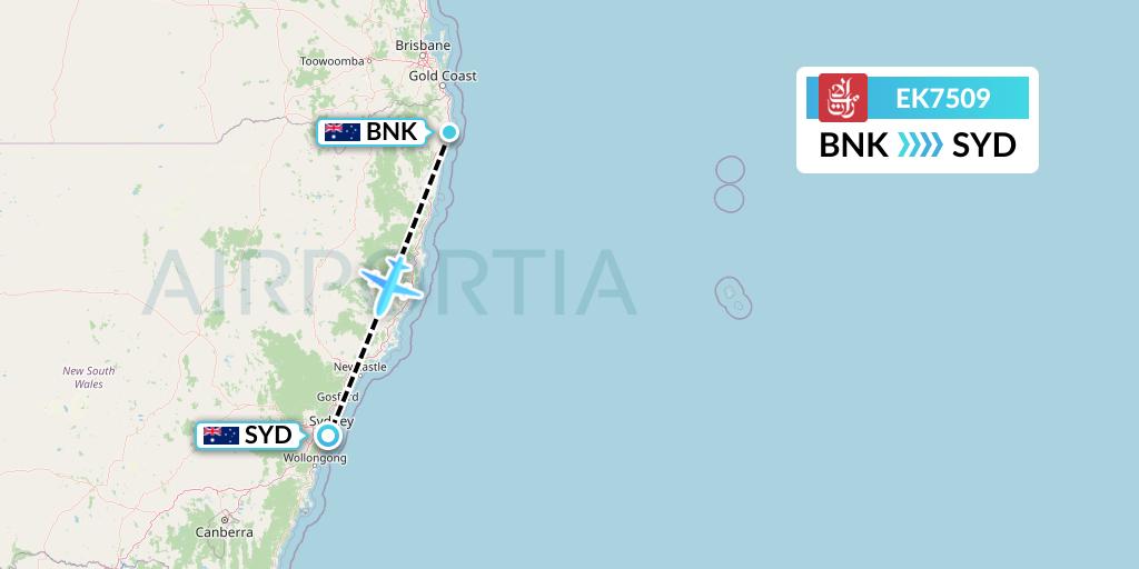 EK7509 Emirates Flight Map: Ballina to Sydney