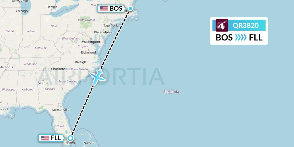QR3820 Qatar Airways Flight Map: Boston to Fort Lauderdale