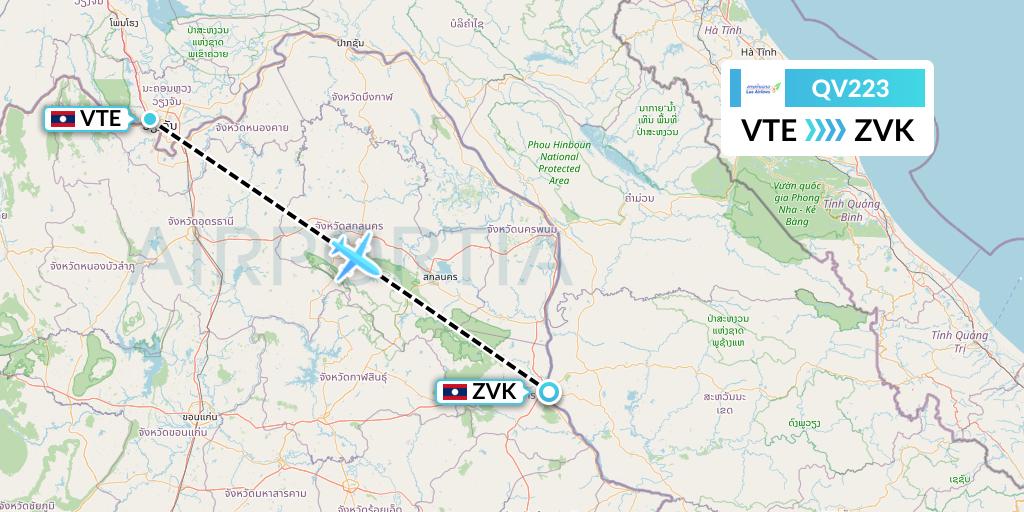 QV223 Lao Airlines Flight Map: Vientiane to Savannakhet