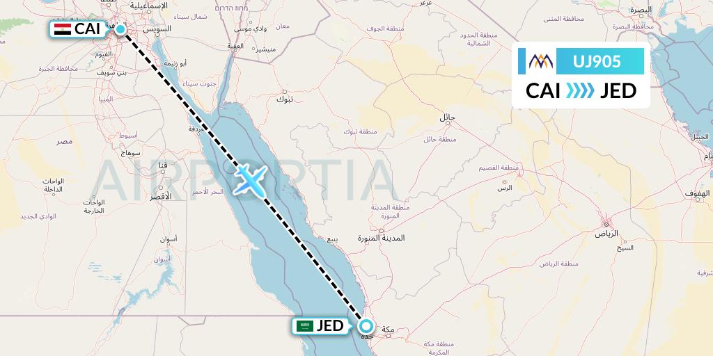 UJ905 AlMasria Universal Airlines Flight Map: Cairo to Jeddah
