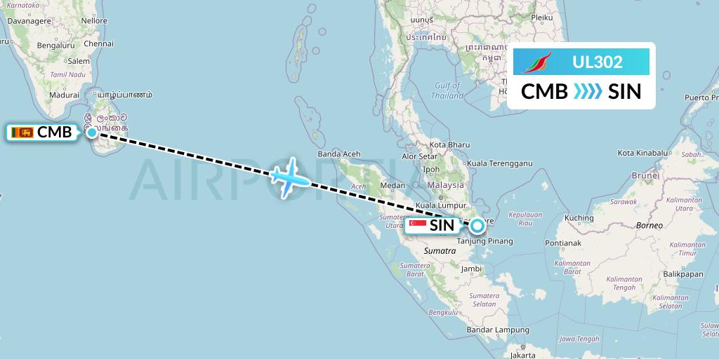 UL302 SriLankan Airlines Flight Map: Colombo to Singapore