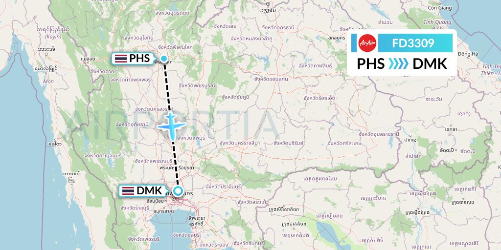 FD3309 Thai AirAsia Flight Map: Phitsanulok to Bangkok