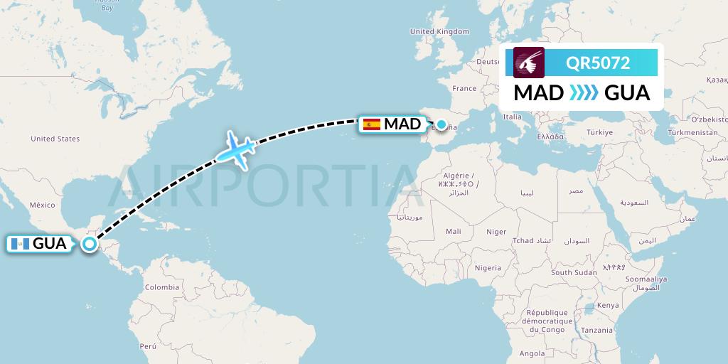 QR5072 Qatar Airways Flight Map: Madrid to Guatemala City