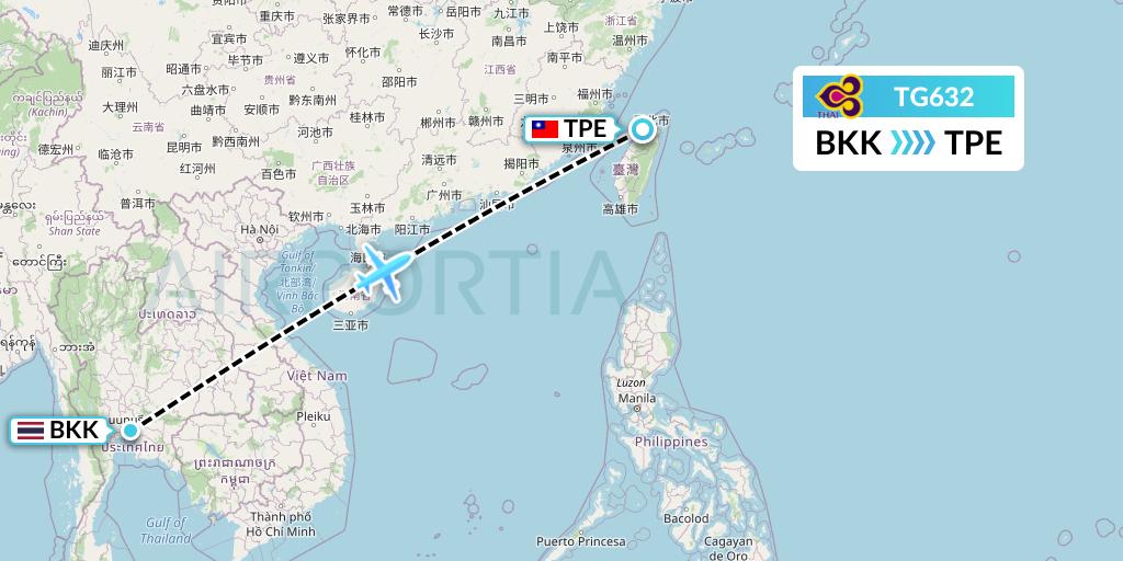 TG632 Thai Airways Flight Map: Bangkok to Taipei