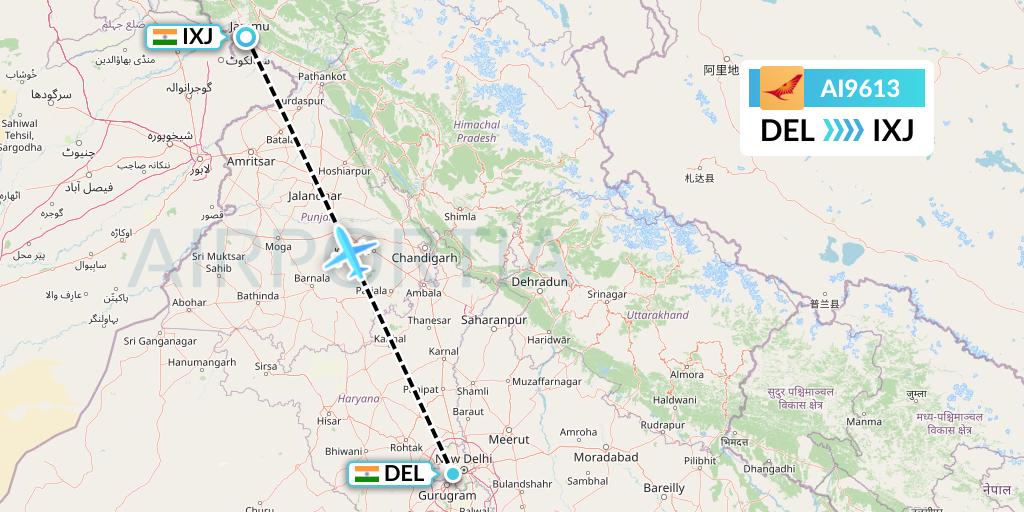 AI9613 Air India Flight Map: Delhi to Jammu