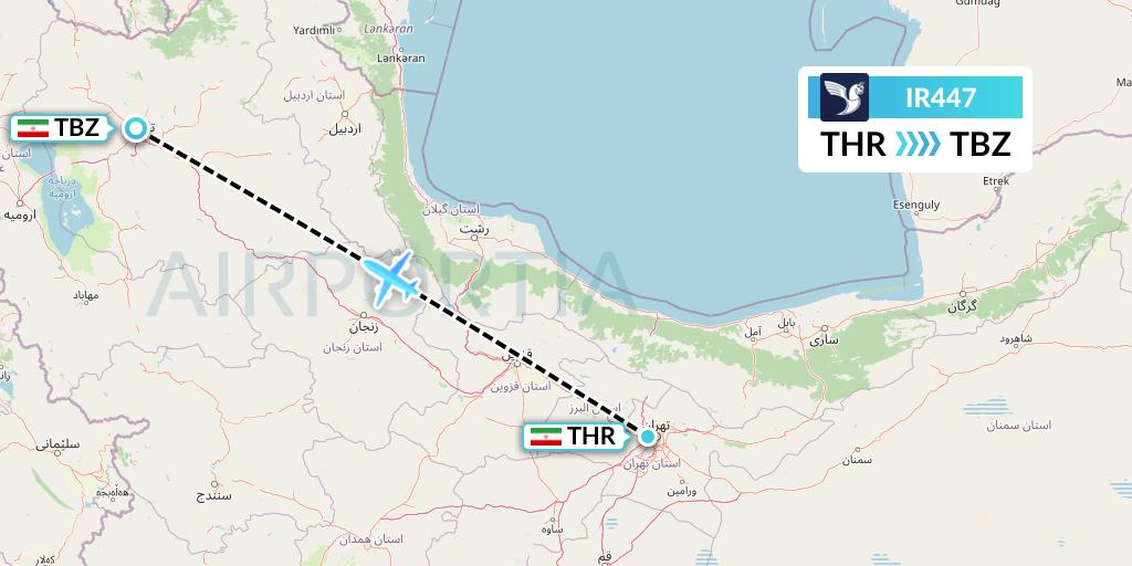 IR447 Iran Air Flight Map: Tehran to Tabriz