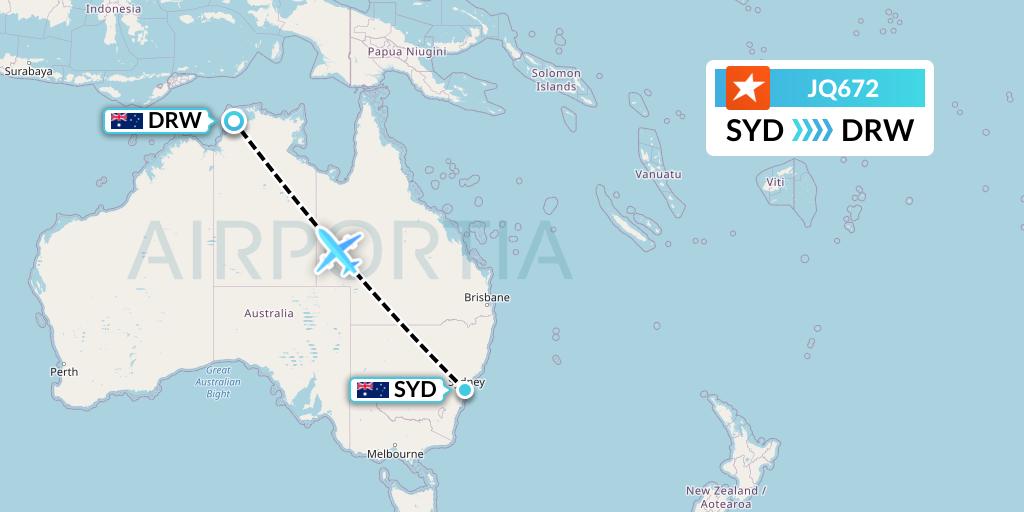 JQ672 Jetstar Airways Flight Map: Sydney to Darwin