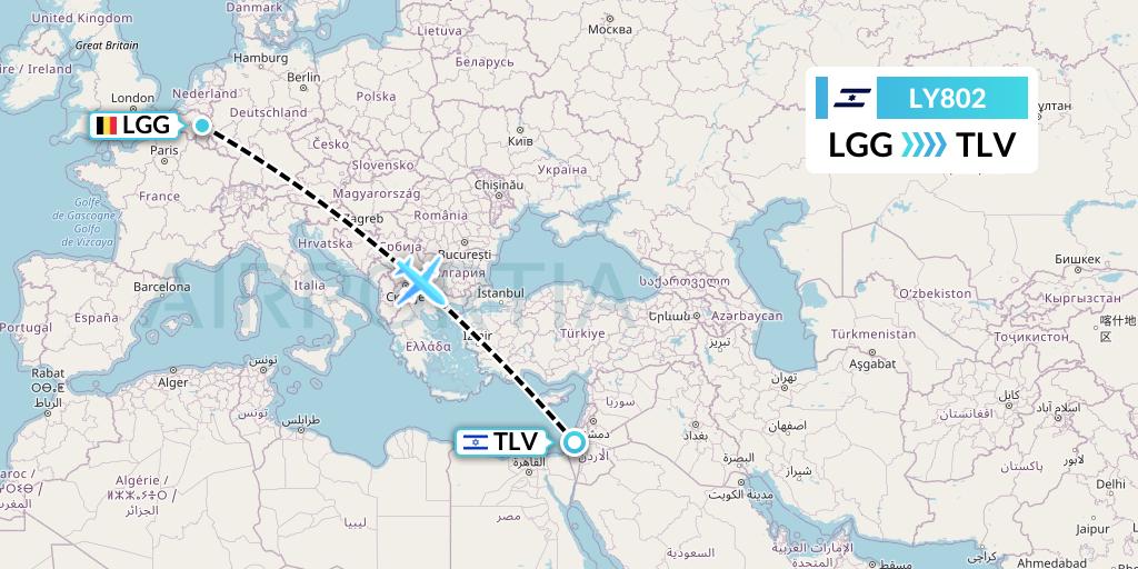 LY802 El Al Flight Map: Liege to Tel Aviv