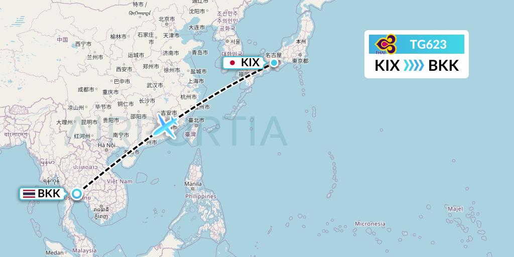 TG623 Thai Airways Flight Map: Osaka to Bangkok