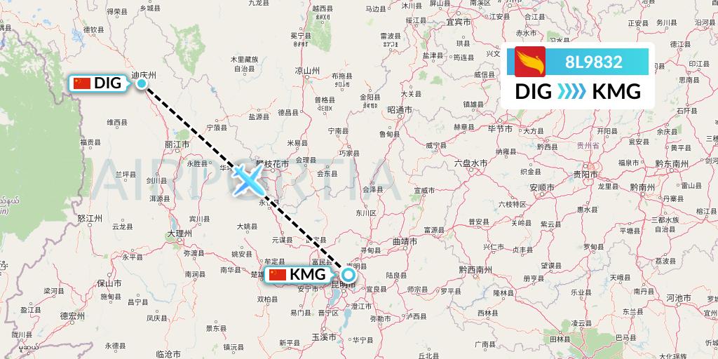 8L9832 Lucky Air Flight Map: Shangri-La to Kunming