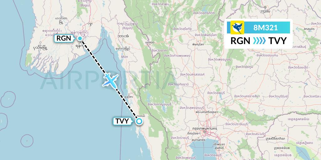 8M321 Myanmar Airways International Flight Map: Yangon to Dawei