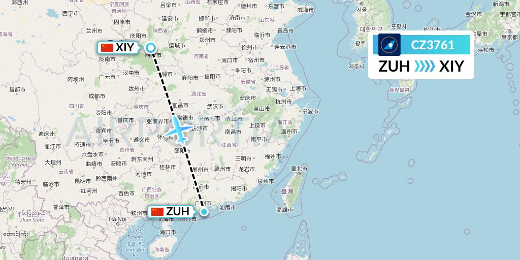 CZ3761 China Southern Airlines Flight Map: Zhuhai to Xi'an
