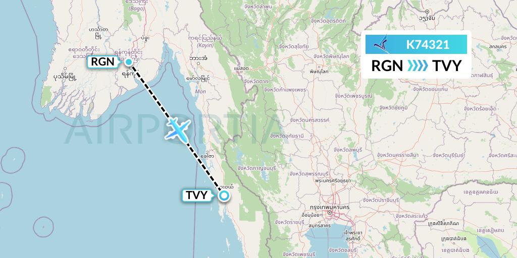 K74321 Air KBZ Flight Map: Yangon to Dawei