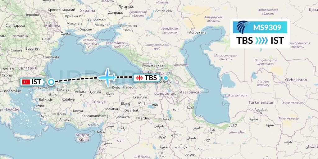 MS9309 EgyptAir Flight Map: Tbilisi to Istanbul