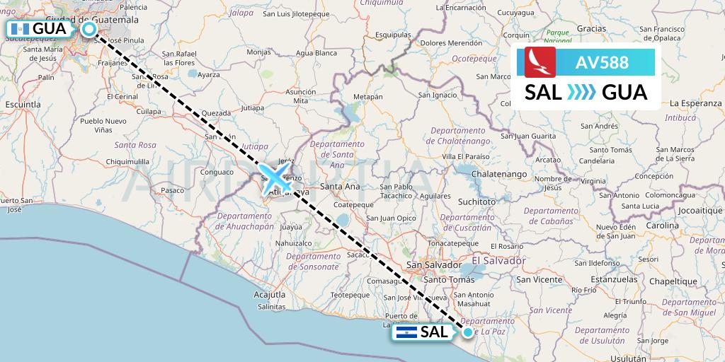AV588 Avianca Flight Map: San Salvador to Guatemala City