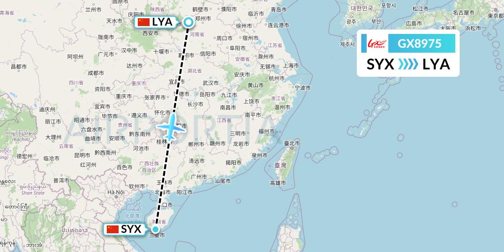 GX8975 GX Airlines Flight Map: Sanya to Luoyang