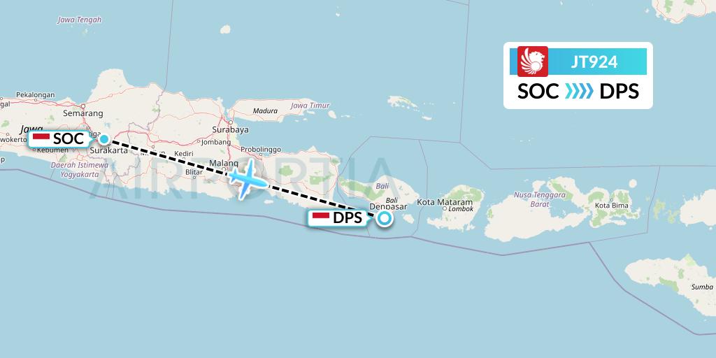 JT924 Lion Airlines Flight Map: Surakarta to Denpasar